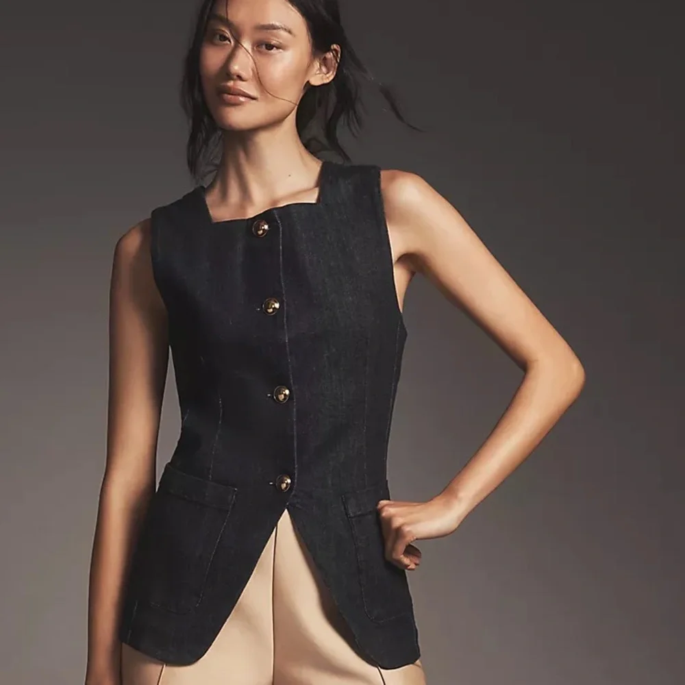 Anthropologie Maeve Square-Neck Cutaway Denim Vest - Picture 2 of 10